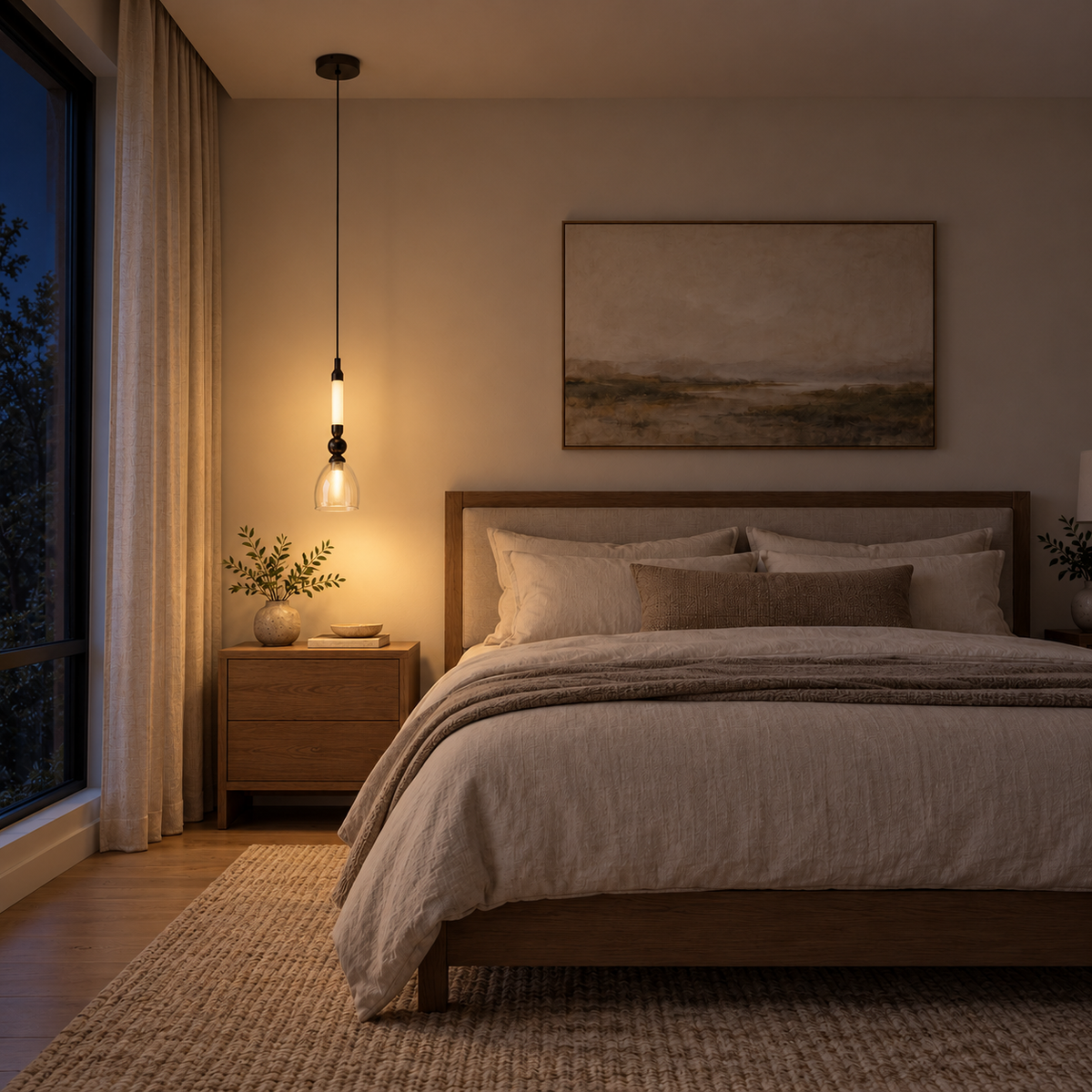 Luma Clear Glass Bell & Rod Pendant Light, evening interior, light on