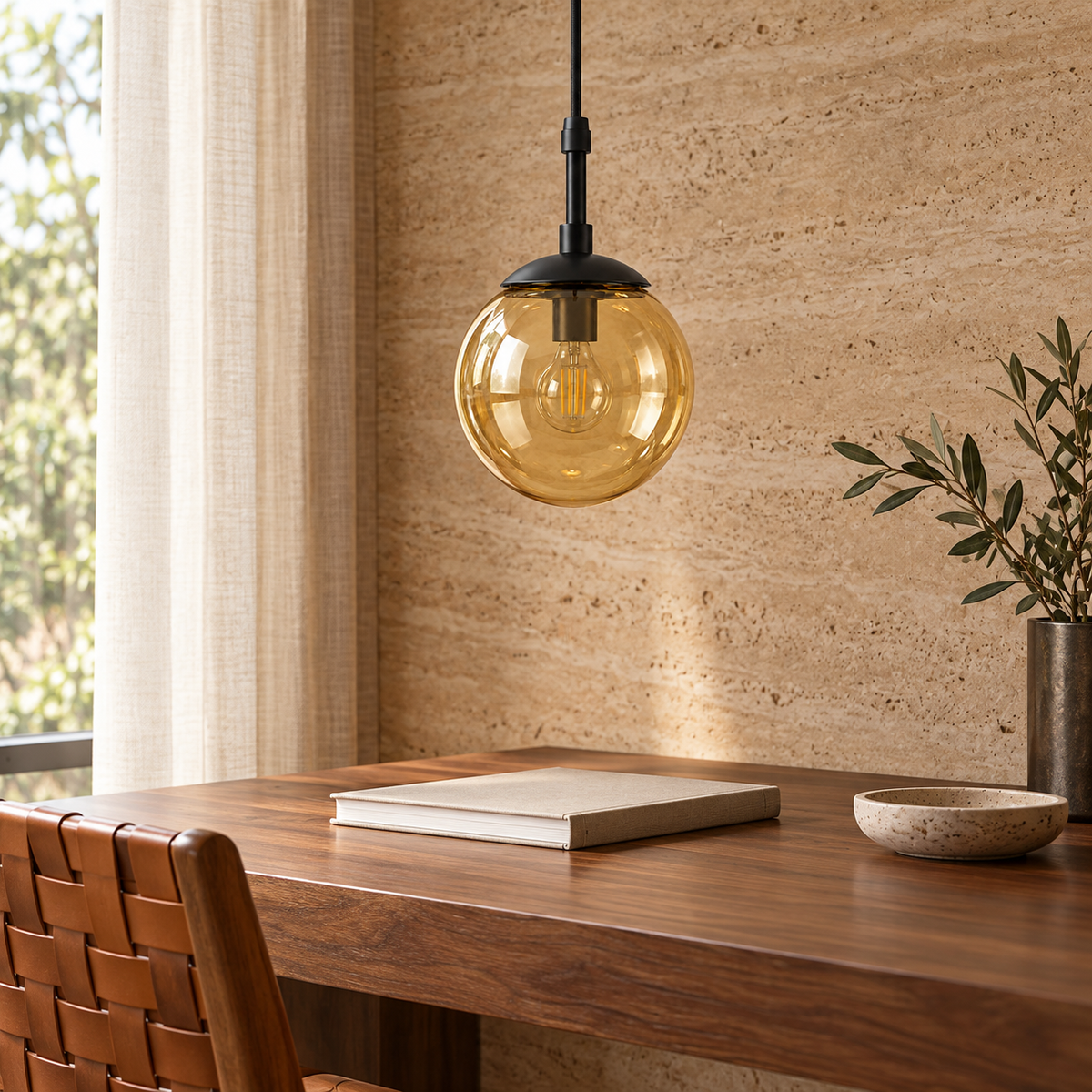 Lustre Glass Globe & Black Cap Pendant, unlit in a daytime interior