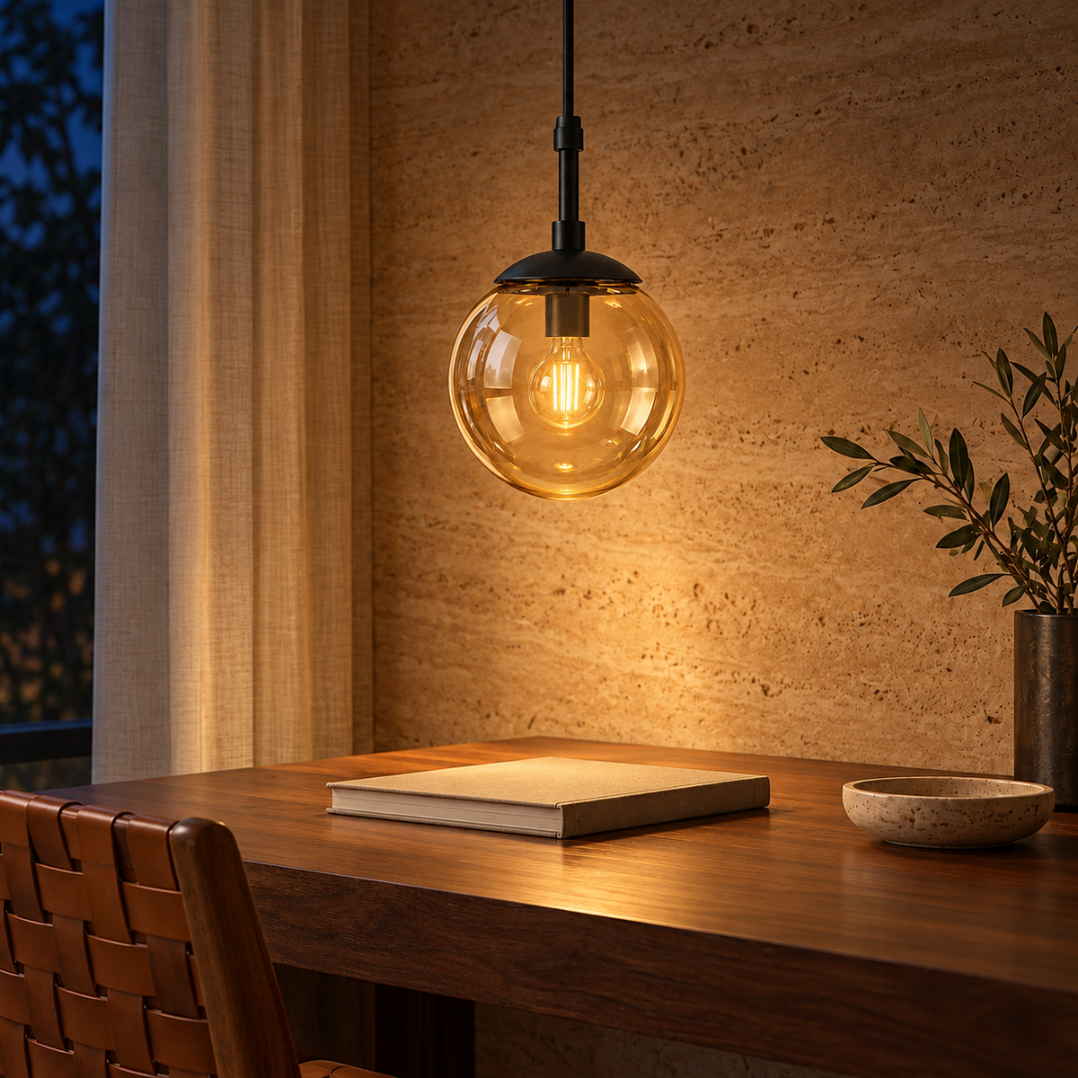 Lustre Glass Globe & Black Cap Pendant, illuminated in a nighttime interior