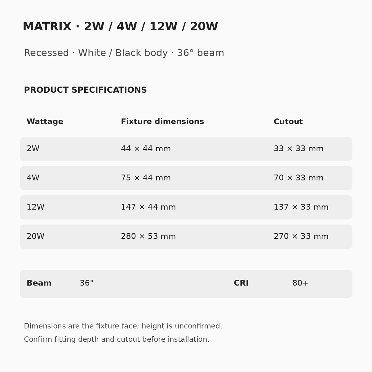 MATRIX 2W,4W,12W,20W fixture face dimensions and cutouts,36° beam,CRI80+. Overall height unconfirmed.