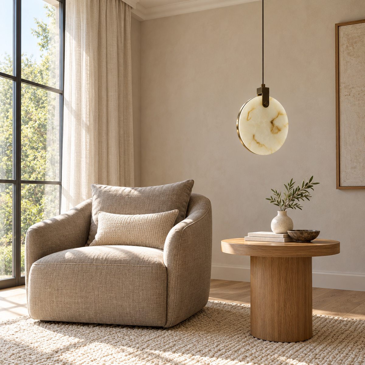 Medallion Marble Disc Pendant Light, daylight interior, light off