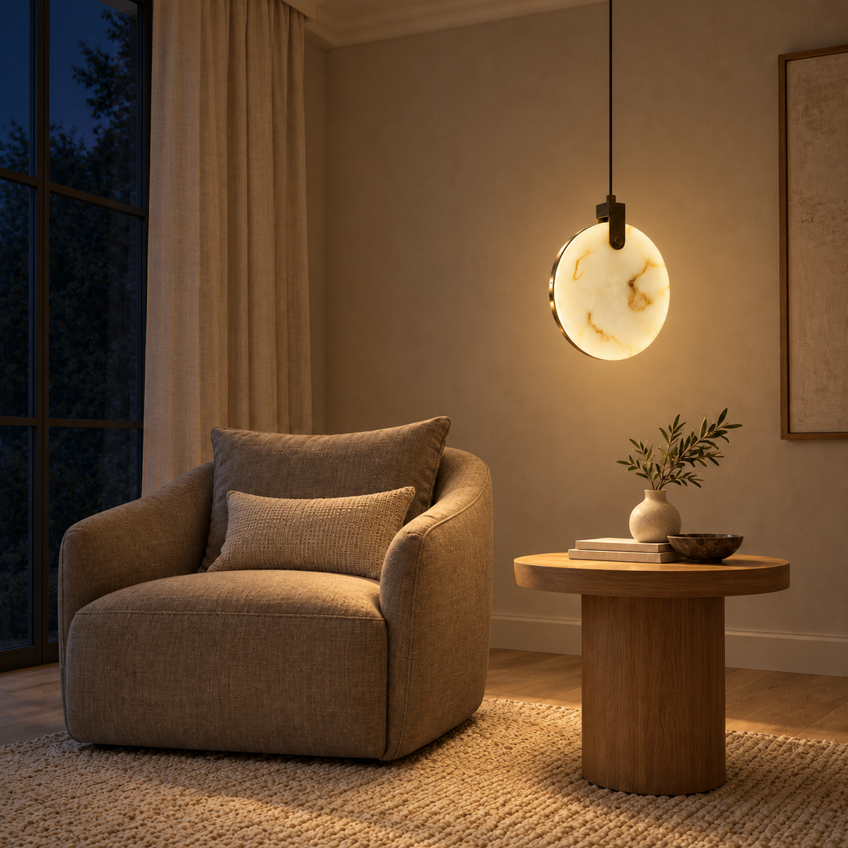 Medallion Marble Disc Pendant Light, evening interior, light on