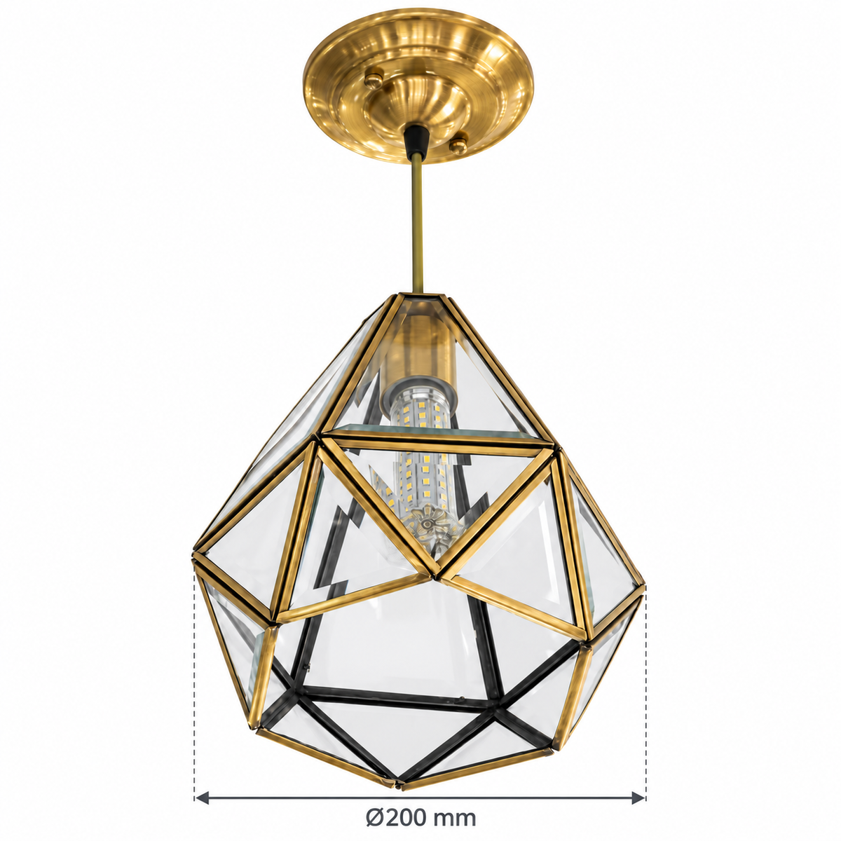 Mirelle Faceted Brass Glass Lantern Pendant – confirmed dimensions in millimetres