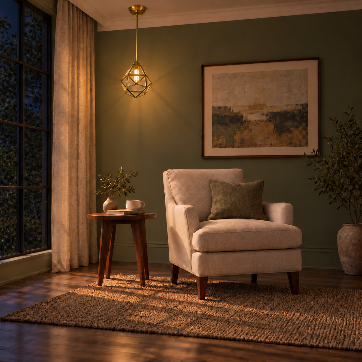 Mirelle Faceted Brass Glass Lantern Pendant – evening interior, light on