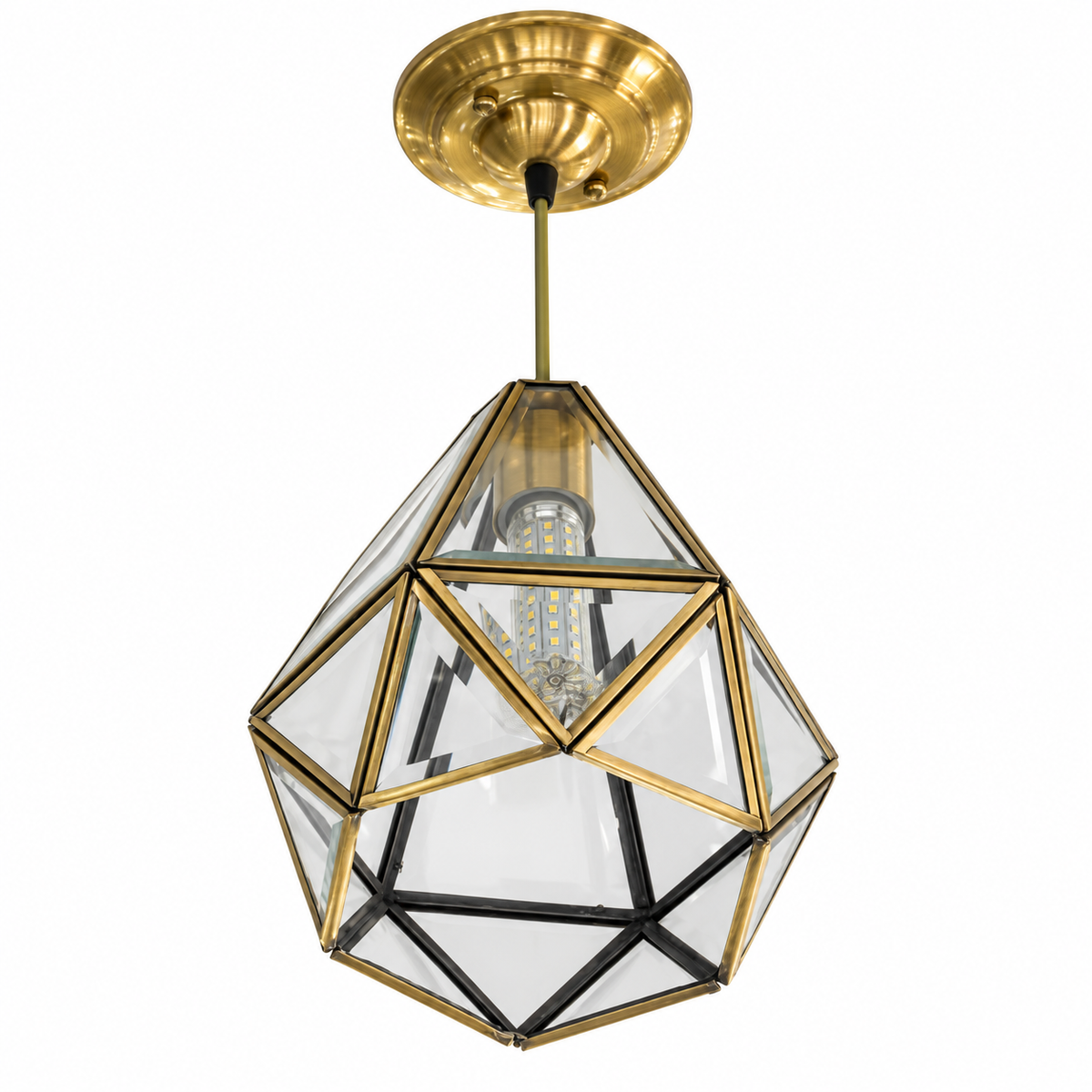 Mirelle Faceted Brass Glass Lantern Pendant – studio view on white