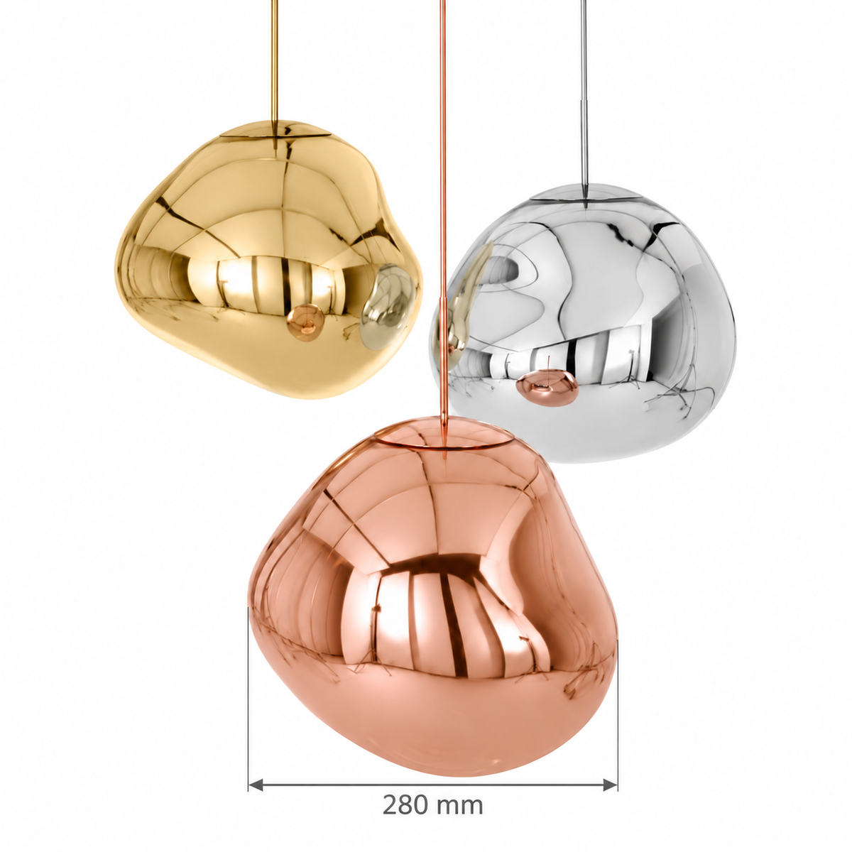 Mixed Metallic Acrylic Three-Drop Chandelier, dimension diagram; Each individual shade diameter: 280 mm. Overall cluster width, shade heights and suspension drop are not specified.