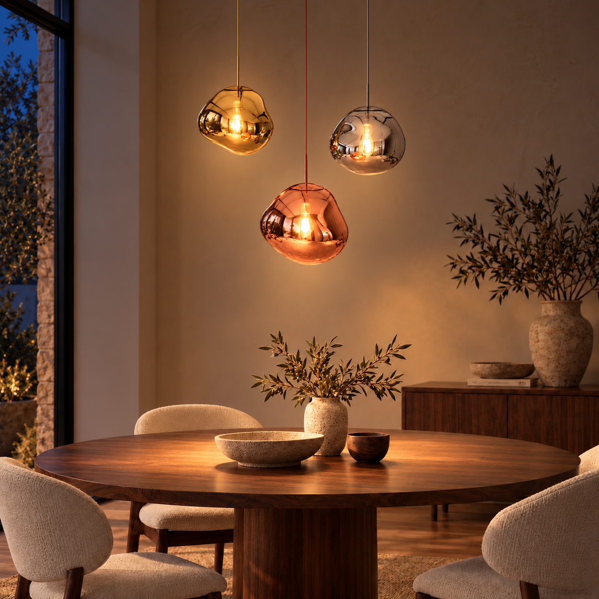 Mixed Metallic Acrylic Three-Drop Chandelier, illuminated in a nighttime interior
