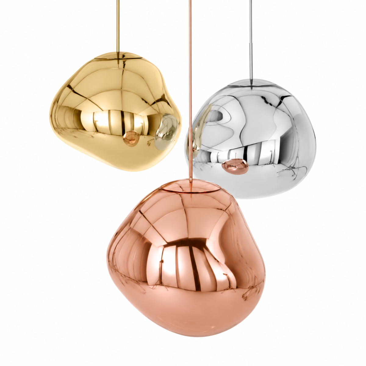 Mixed Metallic Acrylic Three-Drop Chandelier, unlit studio view