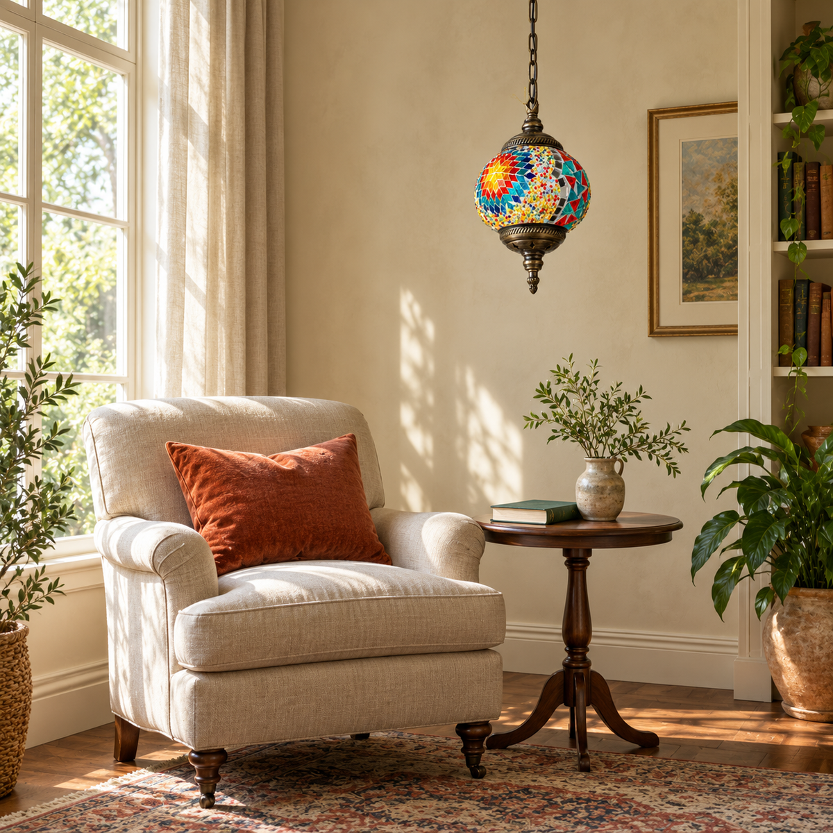 Mosaica Tiffany Glass Pendant Light, daylight interior, light off