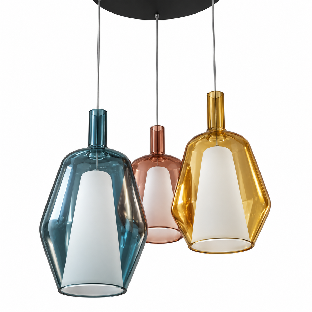 Multicolour Three-Drop Lantern Chandelier, unlit studio view