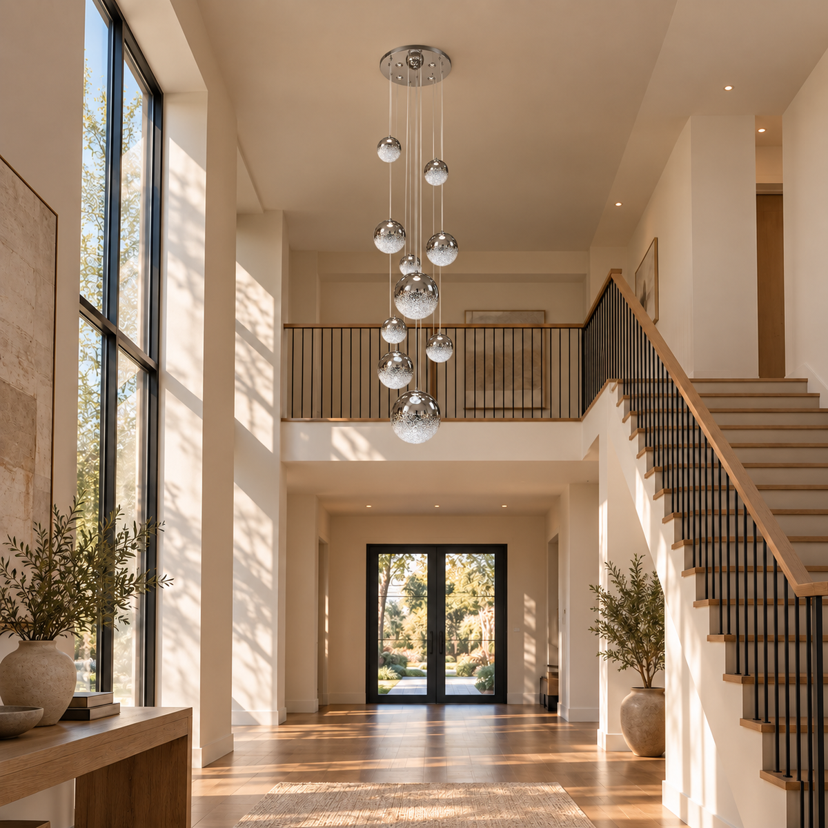 Nebula Cascading Crinkle Glass Globe Chandelier, daylight interior, light off