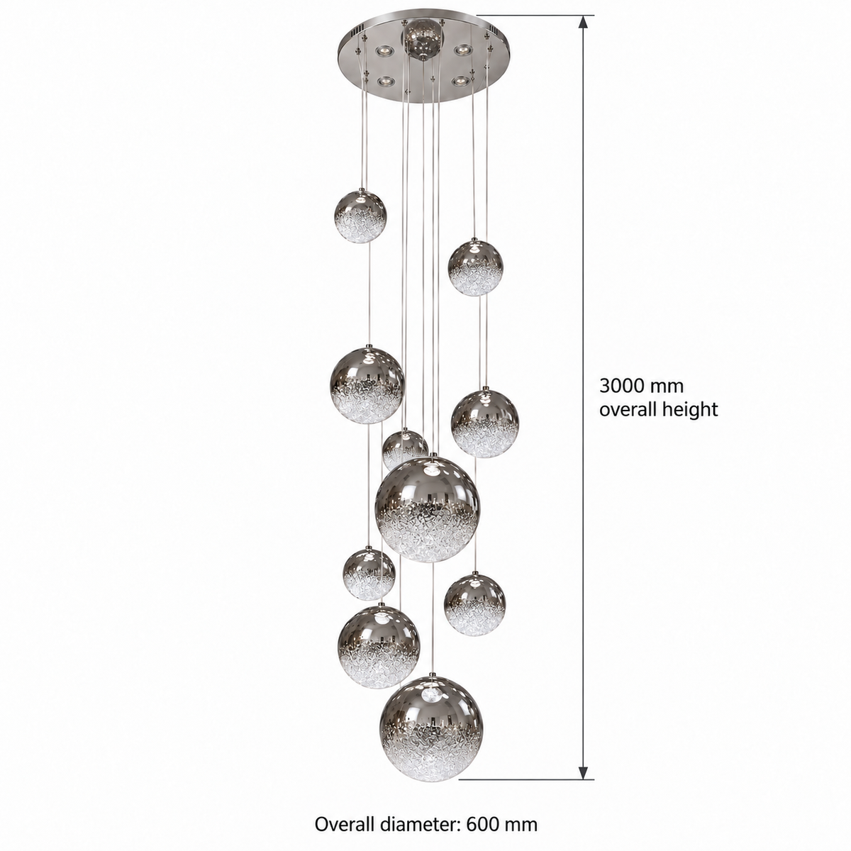 Nebula Cascading Crinkle Glass Globe Chandelier, confirmed dimension diagram