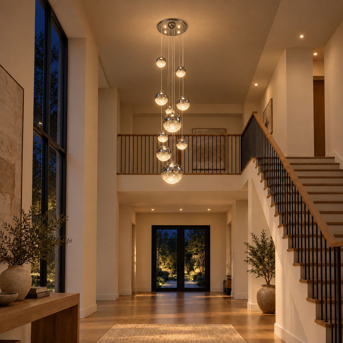 Nebula Cascading Crinkle Glass Globe Chandelier, evening interior, light on