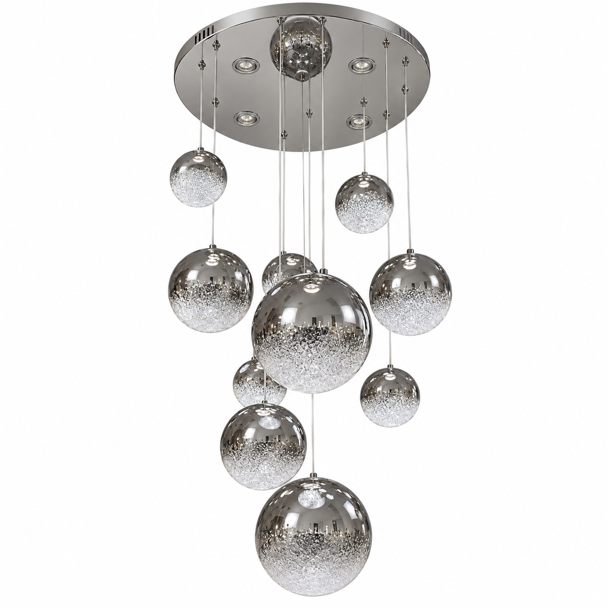 Nebula Cascading Crinkle Glass Globe Chandelier, studio view on white
