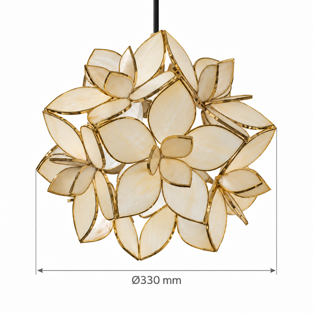 Nerina Brass & Seashell Floral Pendant Light – confirmed dimensions in millimetres