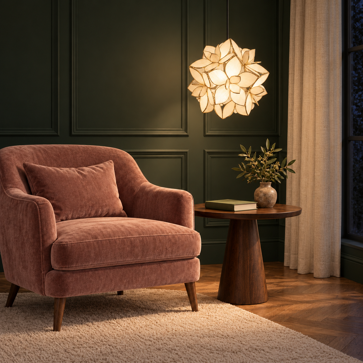 Nerina Brass & Seashell Floral Pendant Light – evening interior, light on
