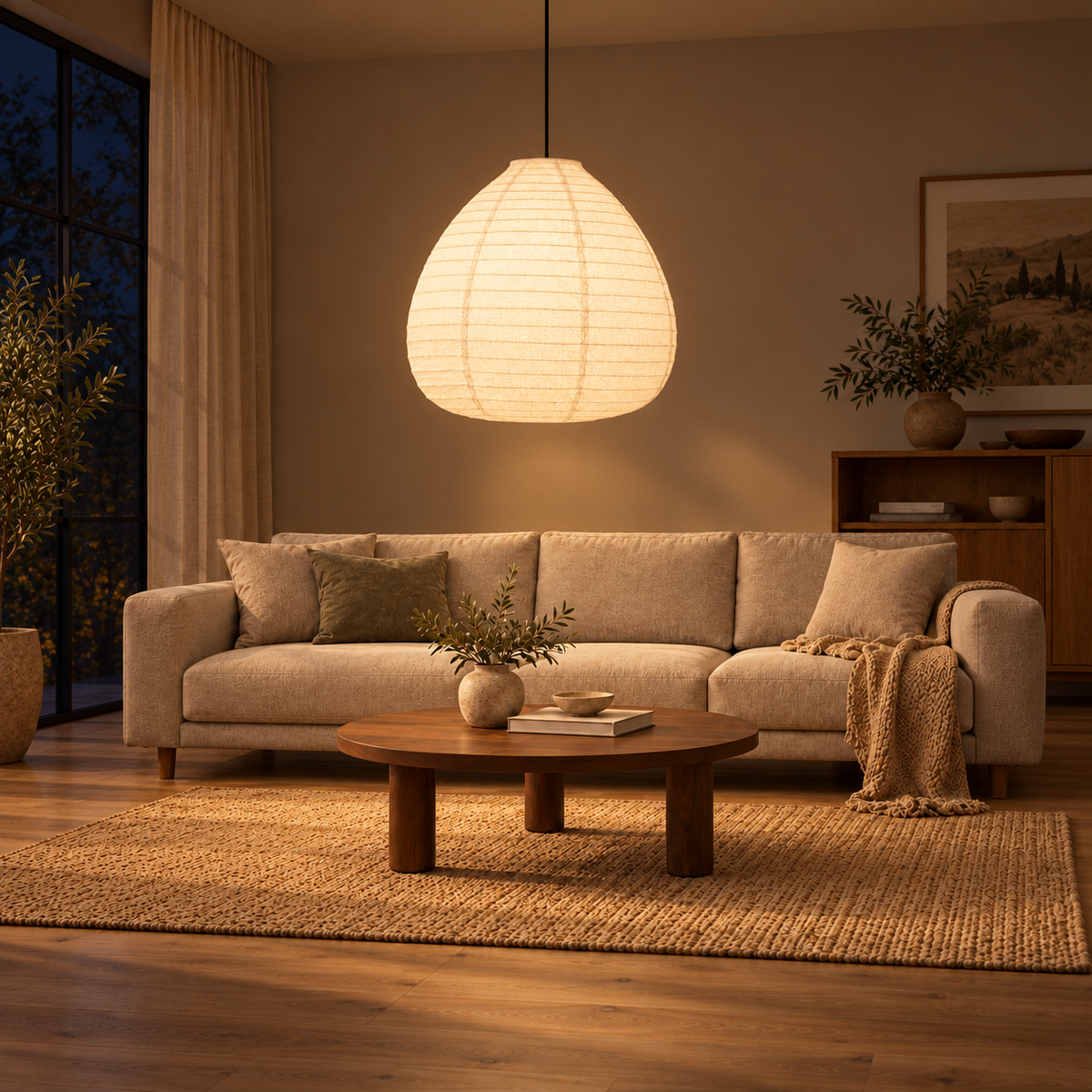 Nivelle Pear-Shaped Cloth Pendant – evening interior, light on