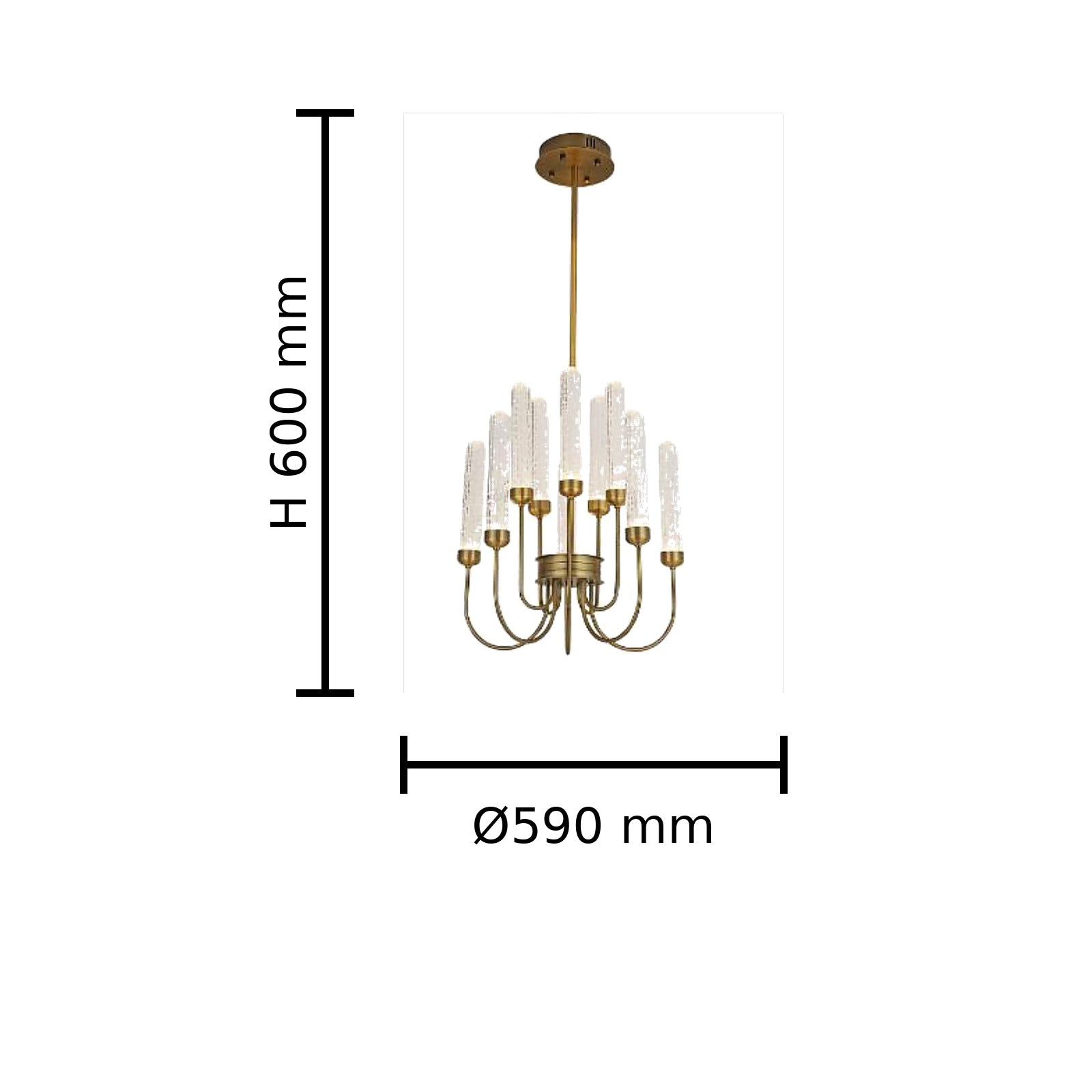 Clear Glass Tube Chandelier 10 Light dimension image, Ø590 mm x H600 mm