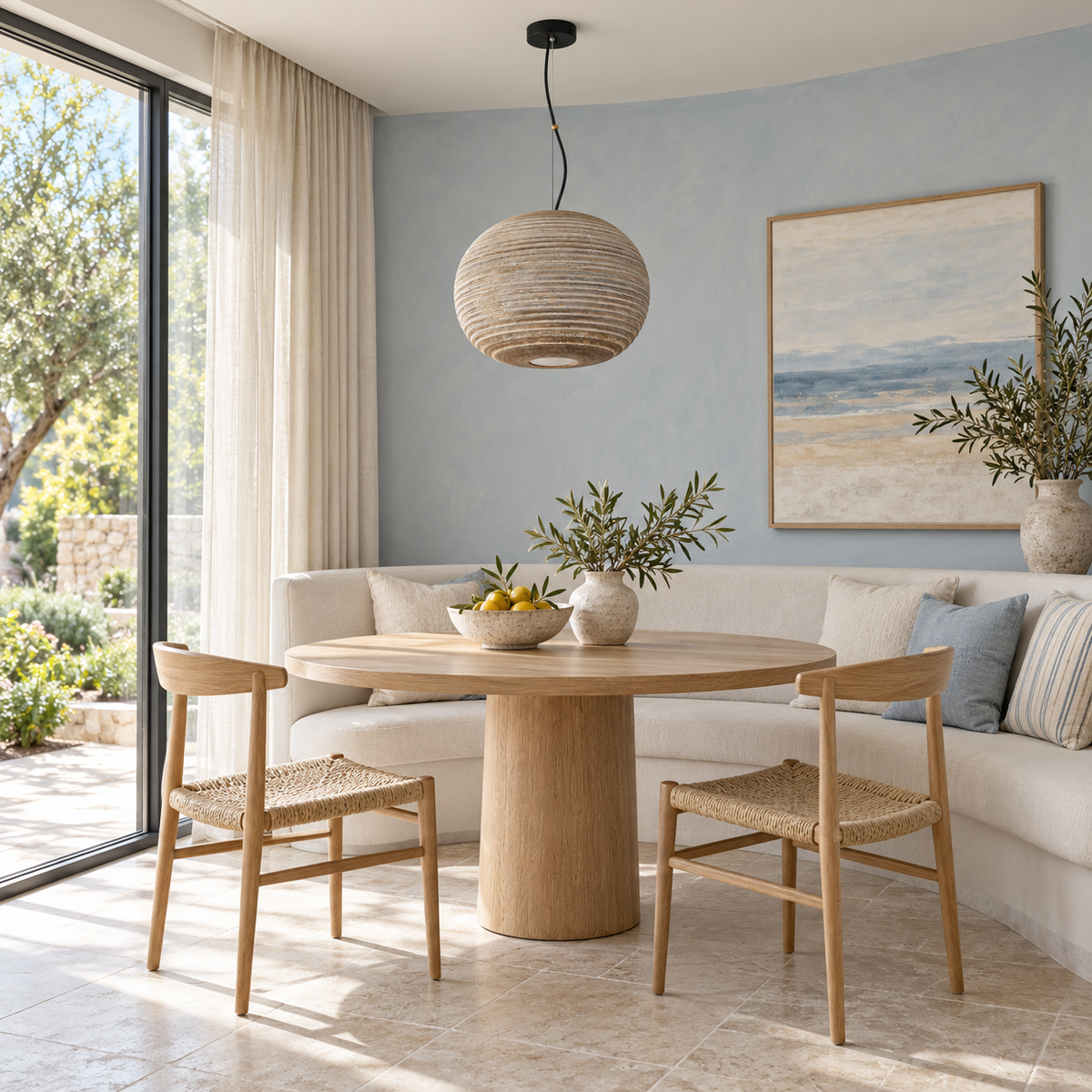 Oaken Rounded Ribbed Wood Pendant Light – daylight interior, light off
