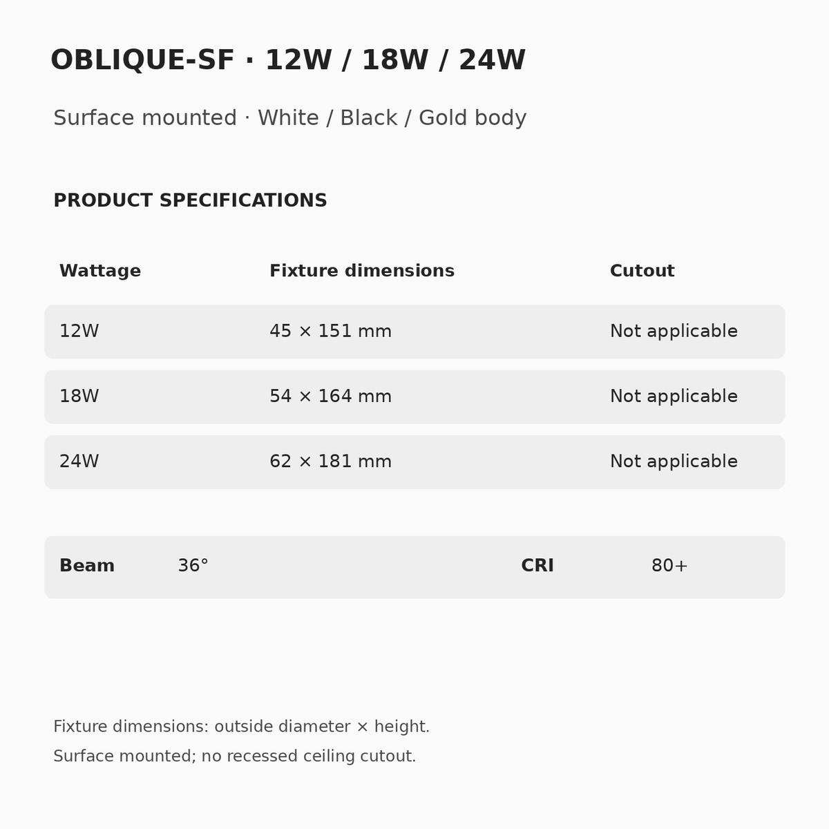 OBLIQUE-SF specifications: 12W 45 × 151 mm; 18W 54 × 164 mm; 24W 62 × 181 mm. Surface mounting, 36° beam and CRI 80+.