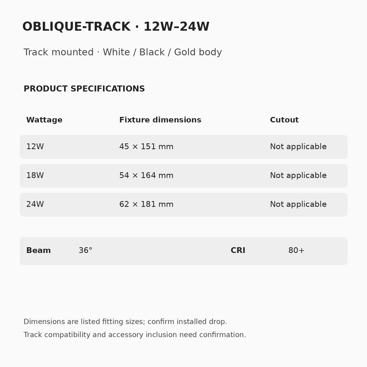 OBLIQUE-TRACK specifications: 12W 45 × 151 mm; 18W 54 × 164 mm; 24W 62 × 181 mm. Track mounting, 36° beam and CRI 80+.