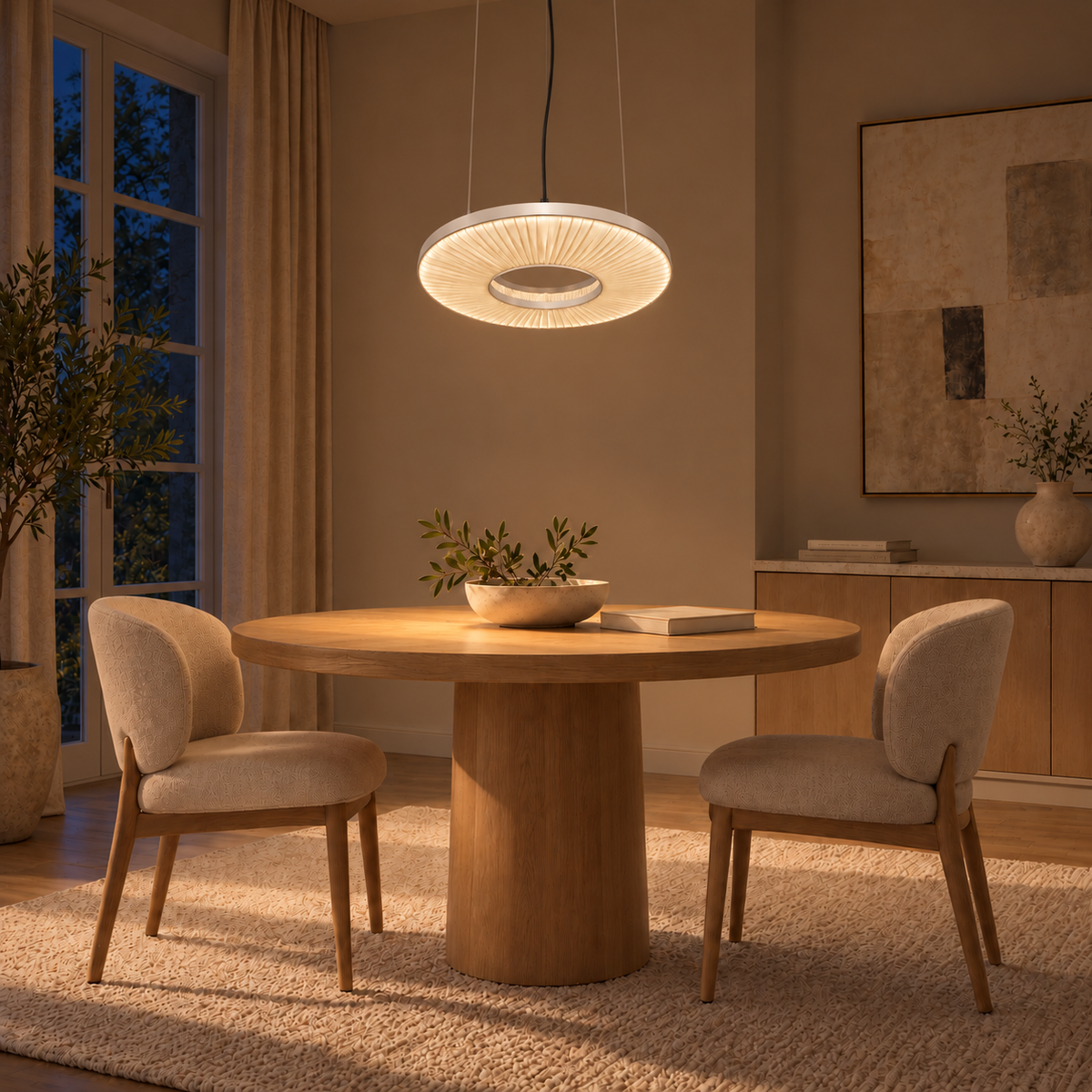 Off-White Pleated Silk Ring Pendant, illuminated in a nighttime interior