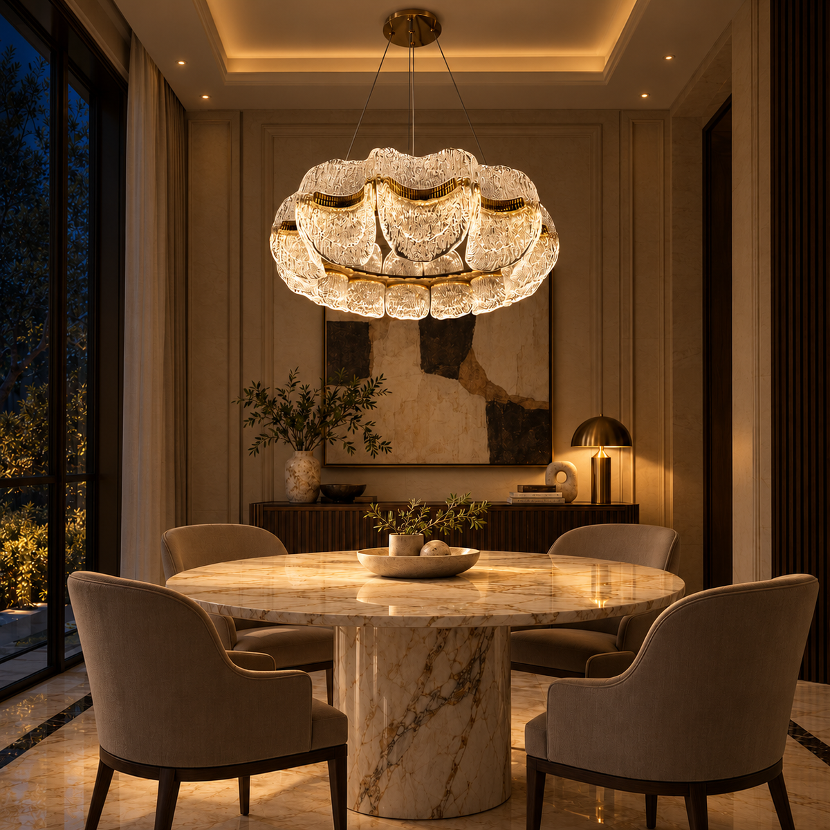 Ondella Layered Acrylic Chandelier, evening interior, light on