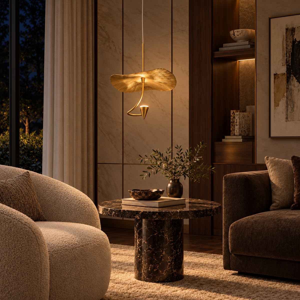Ondine Sculptural Wave Pendant Light, evening interior, light on