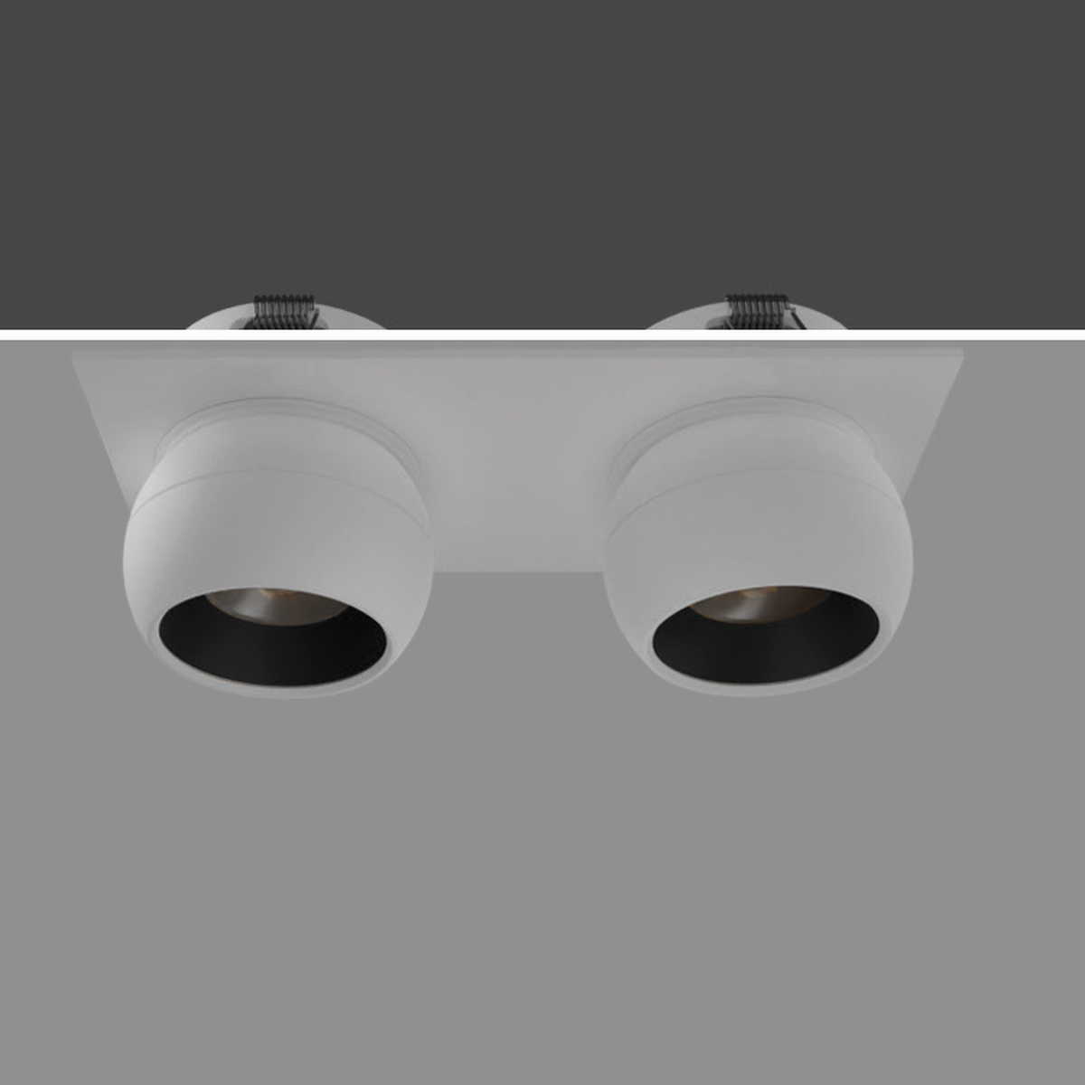ORB 14W twin-head recessed spotlight with white body and rectangular mounting plate in its original ceiling installation reference; black-body image unavailable.