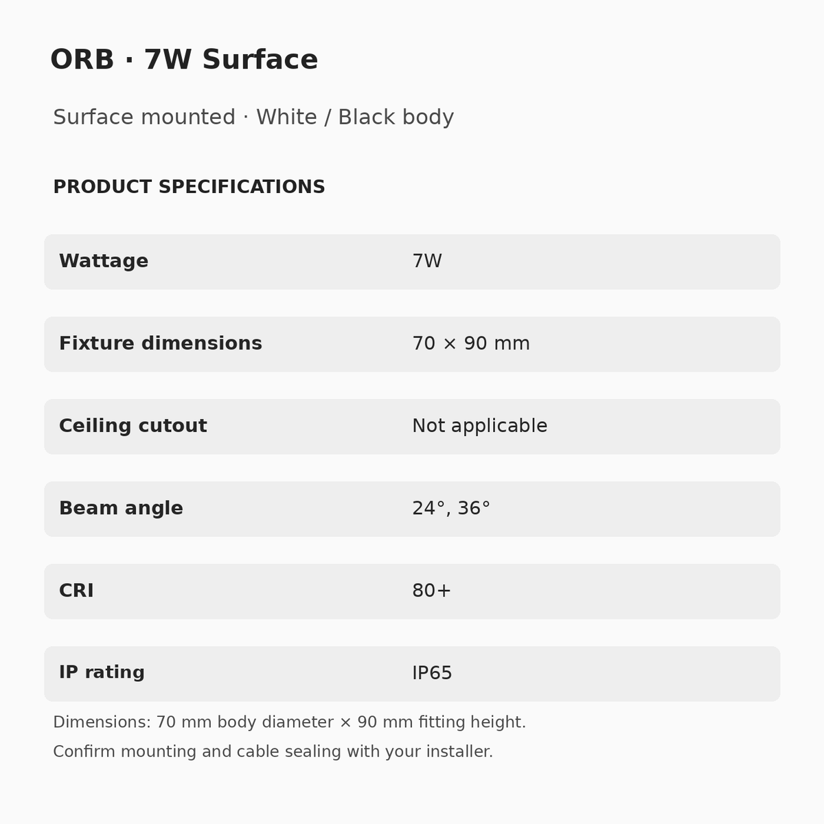 ORB 7W surface spotlight: 70 × 90 mm, no recessed cutout, beam options 24° and 36°, CRI 80+, IP65.