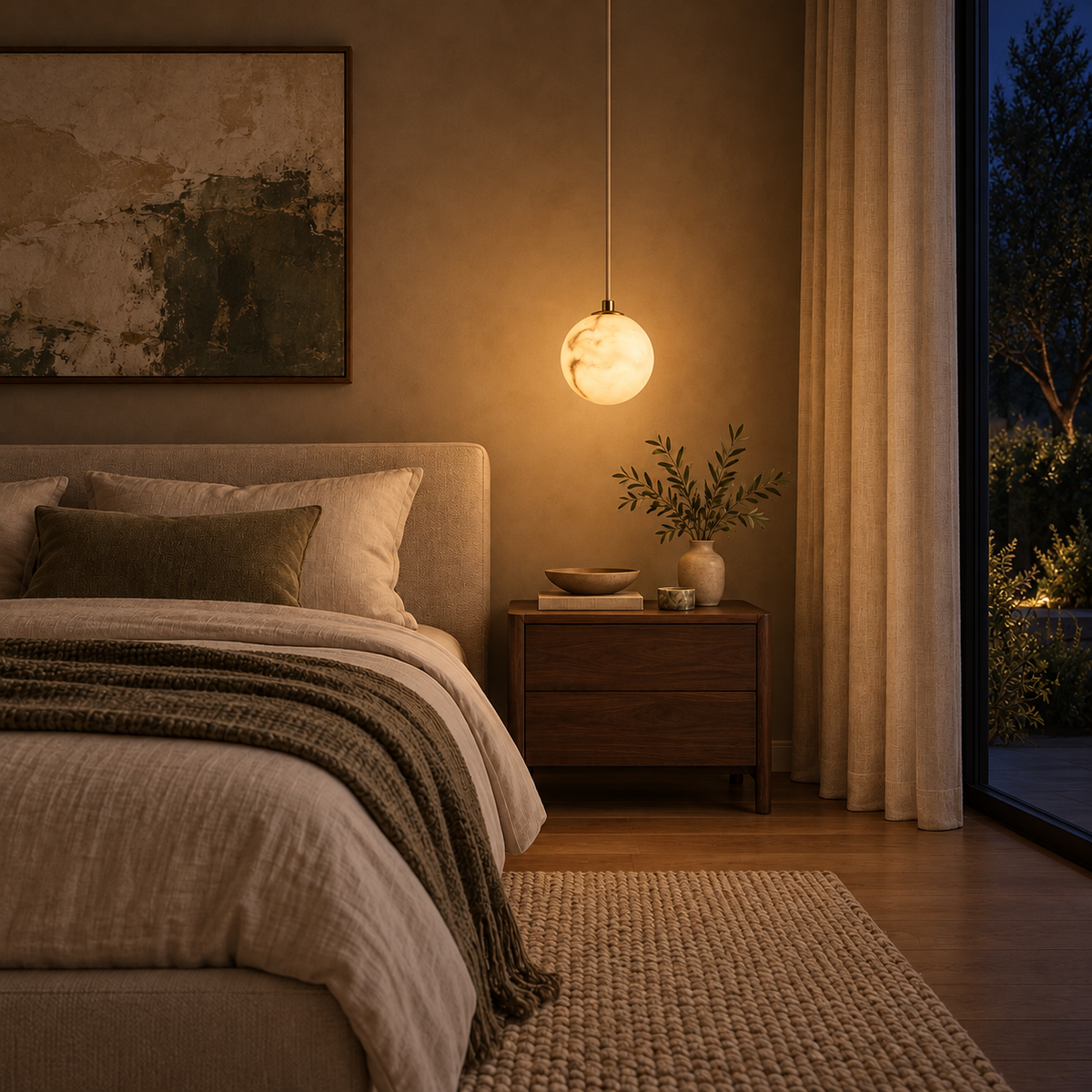 Orba Faux-Stone Globe Pendant Light, evening interior, light on