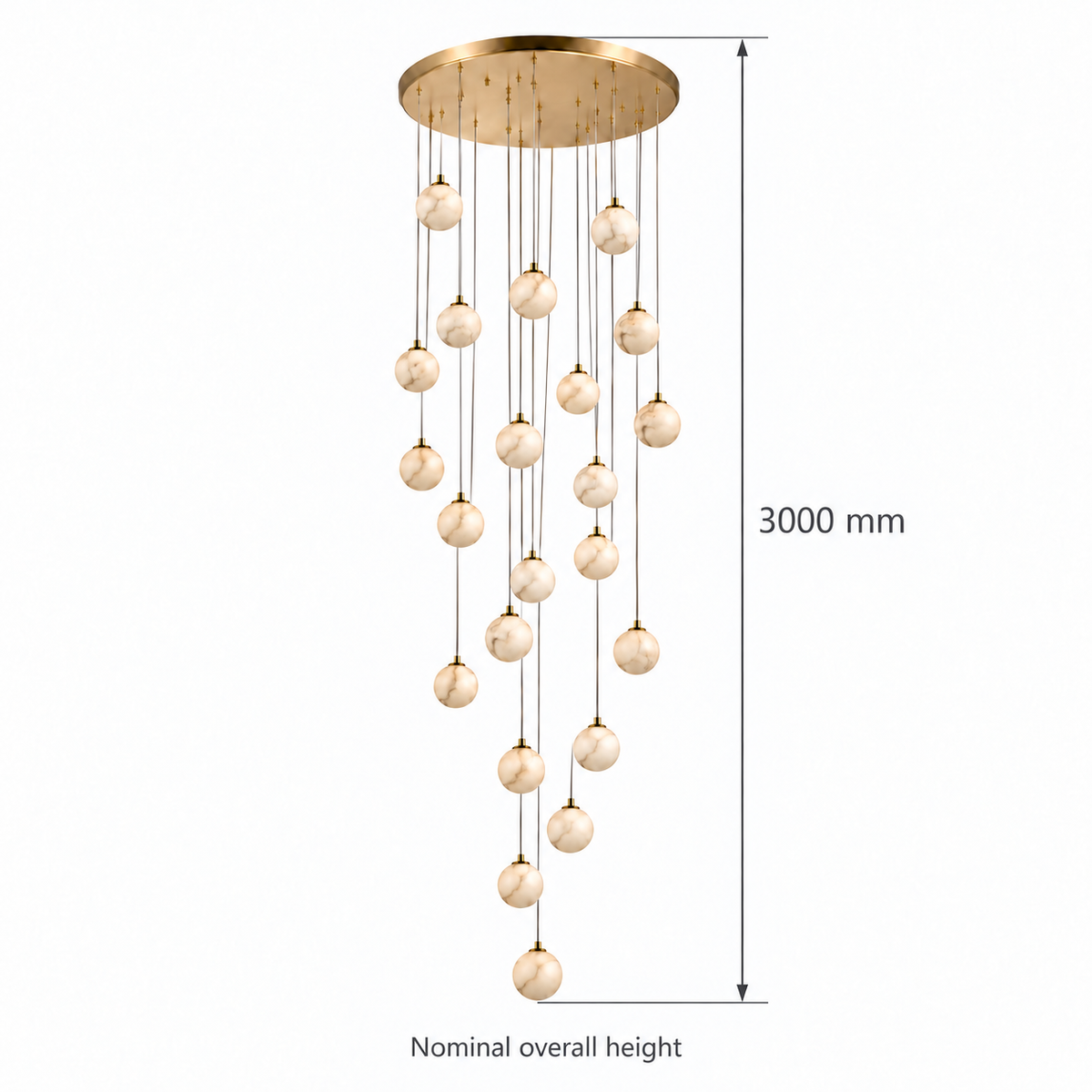 Orba Twenty-Two-Globe Cascade Chandelier, confirmed dimension diagram