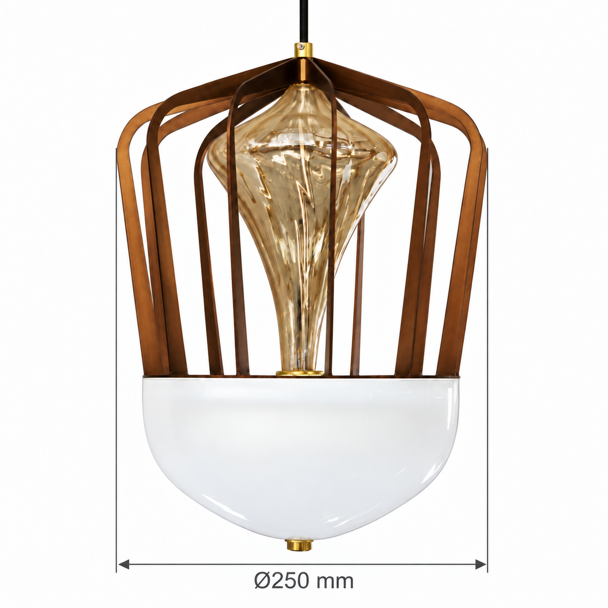 Orlena Amber & White Glass Cage Pendant – confirmed dimensions in millimetres