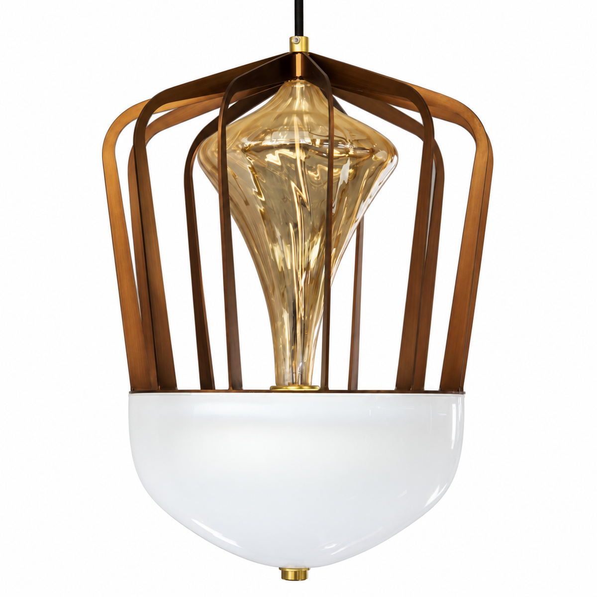 Orlena Amber & White Glass Cage Pendant – studio view on white
