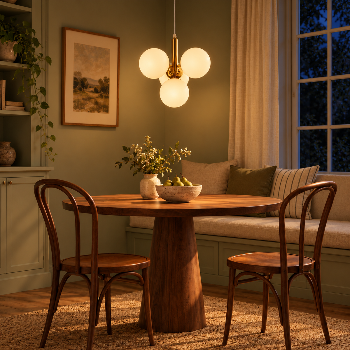Orlina Four-Globe Pendant Light – evening interior, light on
