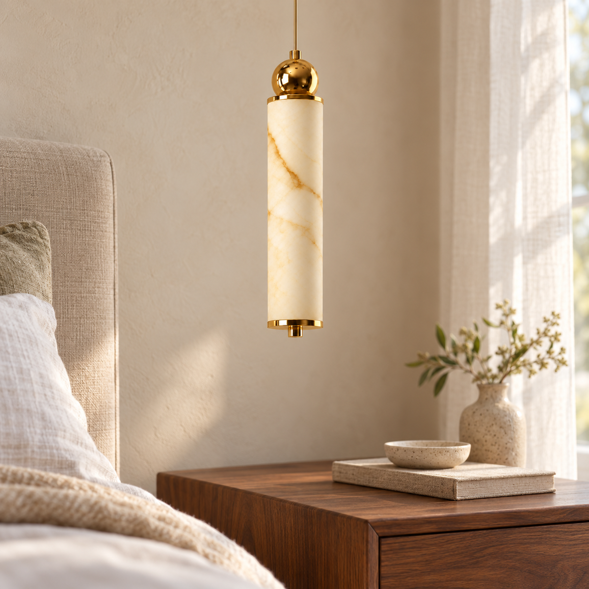 Orlina Orb-Capped Faux-Stone Pendant Light, daylight interior, light off