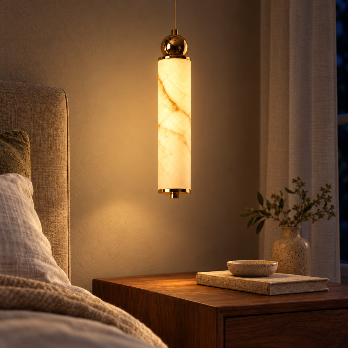 Orlina Orb-Capped Faux-Stone Pendant Light, evening interior, light on