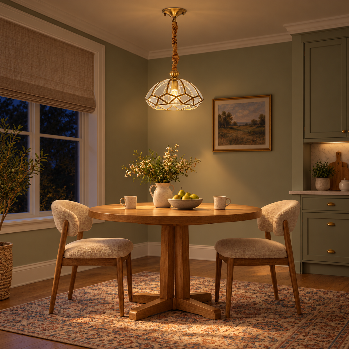 Orlune Low-Dome Brass Glass Lantern Pendant – evening interior, light on