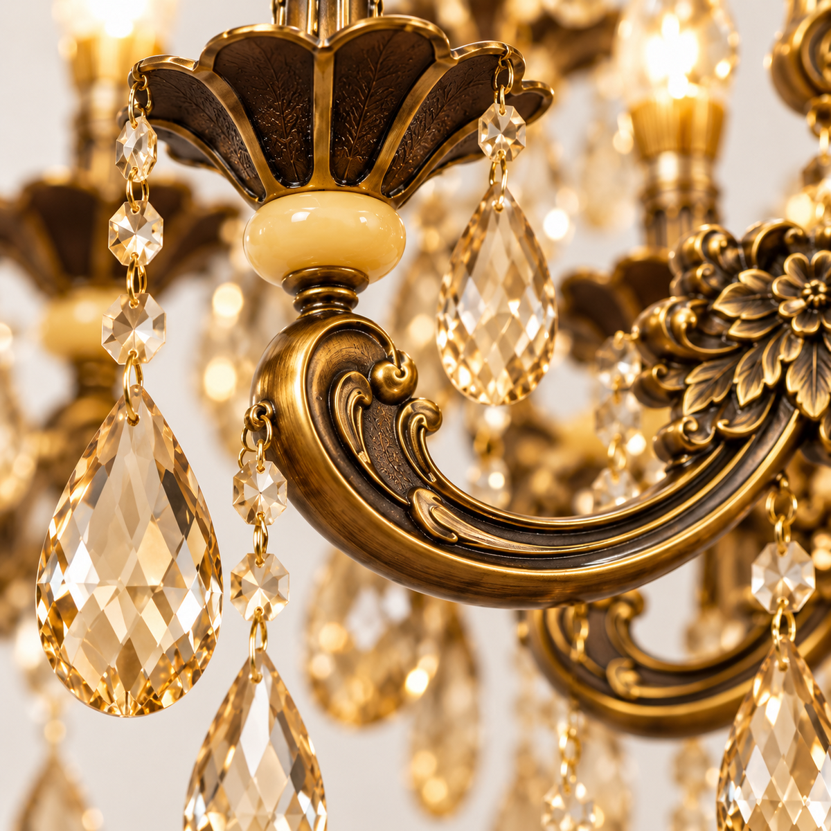 Close-up of ornate zinc die-cast arm and amber crystal drops