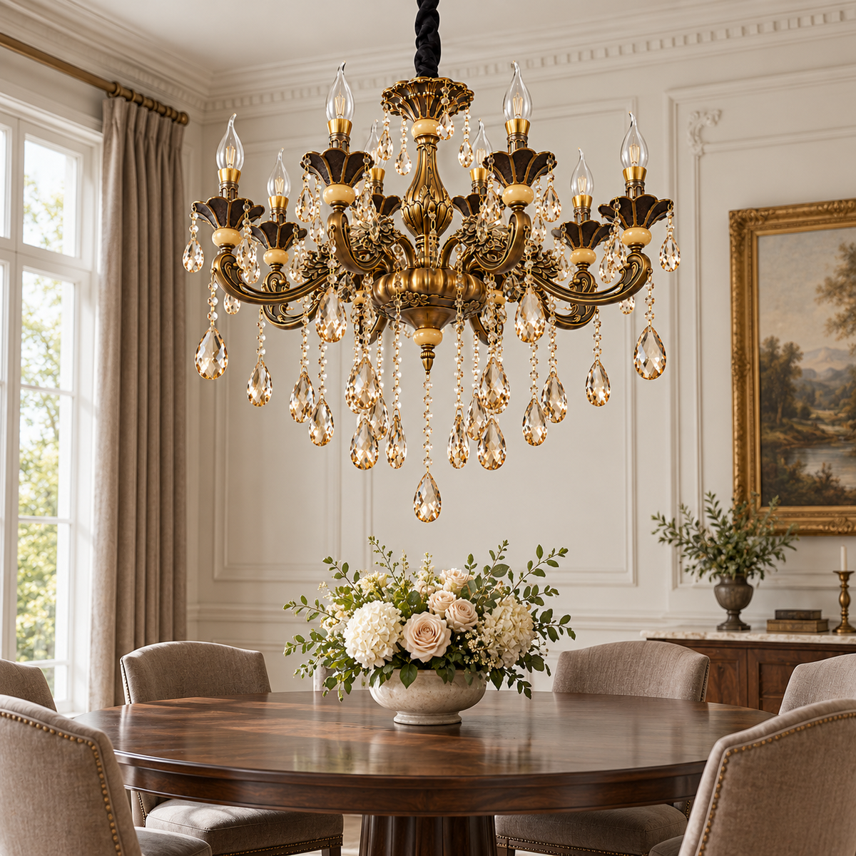 Ornate Amber K9 zinc die-cast 8-light chandelier in a bright classical dining room