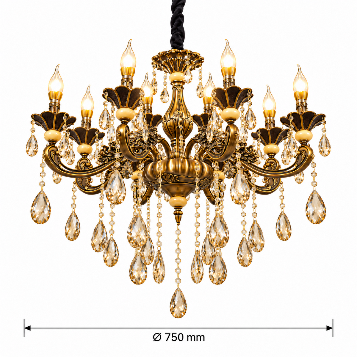 Ornate Amber K9 zinc die-cast 8-light chandelier dimension image, Ø750 mm