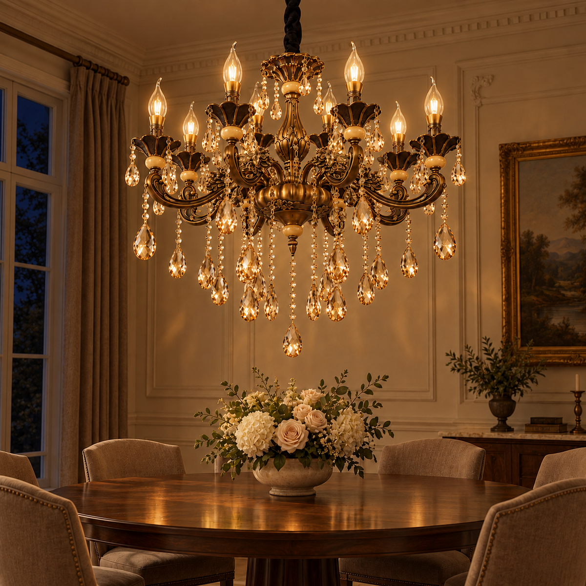 Ornate Amber K9 zinc die-cast 8-light chandelier in a classical dining room at night