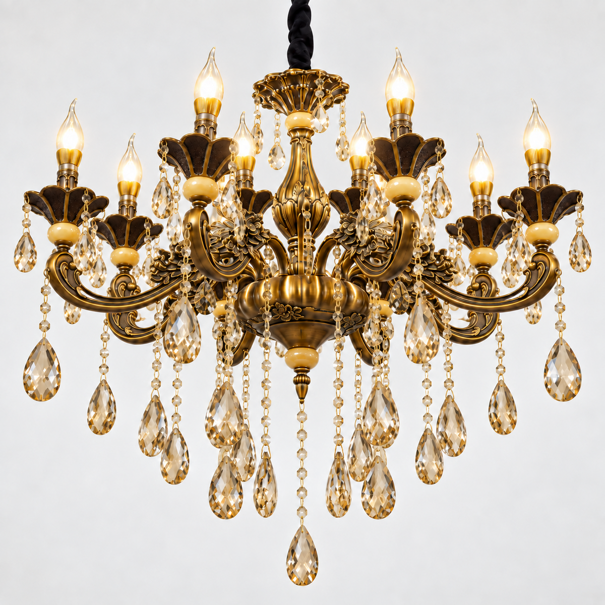 Ornate Amber K9 zinc die-cast 8-light chandelier on a clean white background