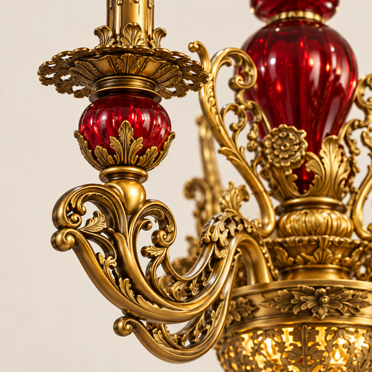 Close-up of ornate gold-finish metalwork and red glass detail