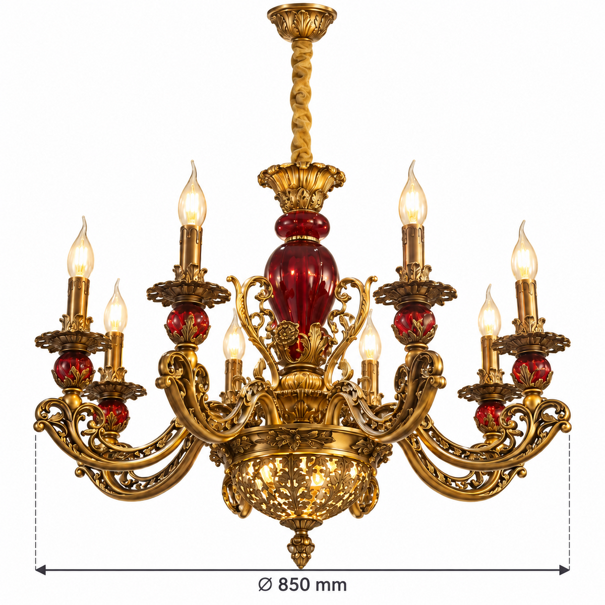 Ornate red glass classical chandelier dimension image, Ø850 mm