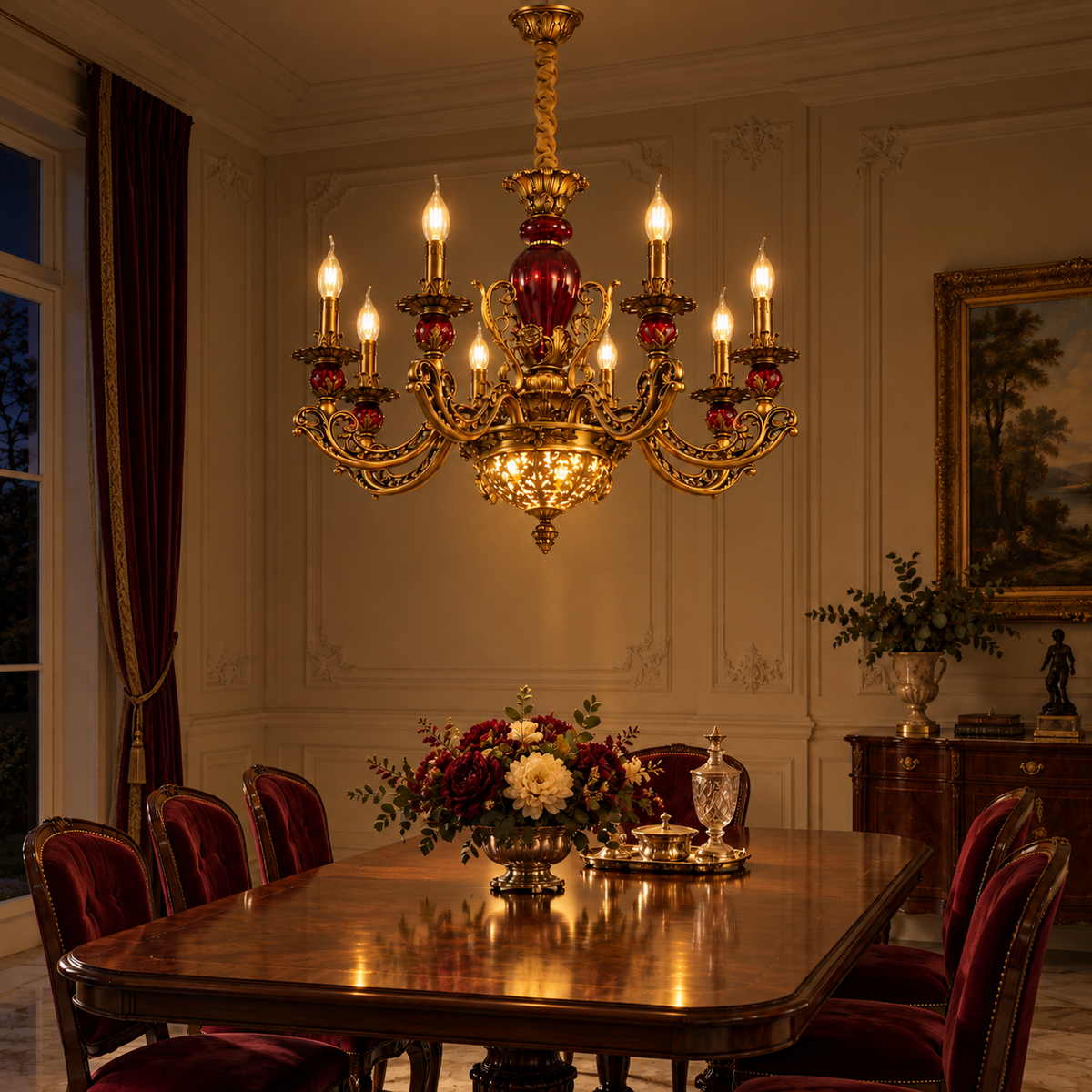 Ornate red glass classical chandelier illuminated in a luxury dining room at night