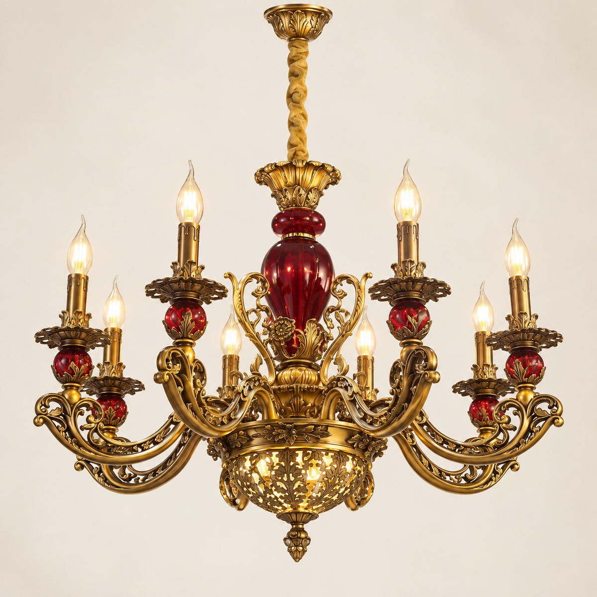 Ornate red glass classical chandelier on a clean white background