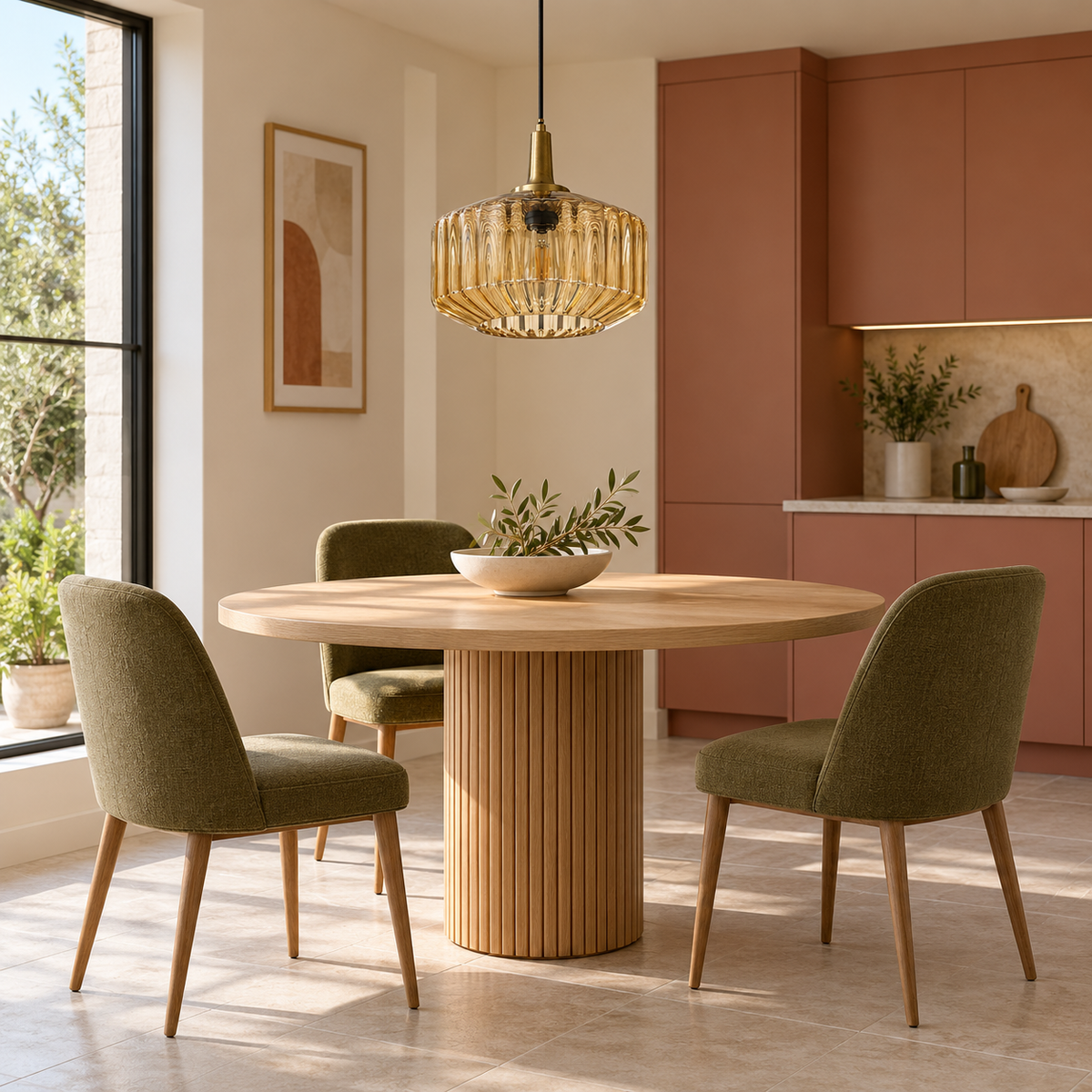 Orvessa Fluted Amber Drum Pendant – daylight interior, light off