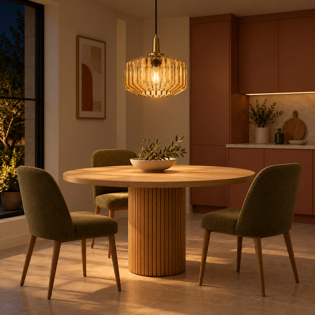 Orvessa Fluted Amber Drum Pendant – evening interior, light on