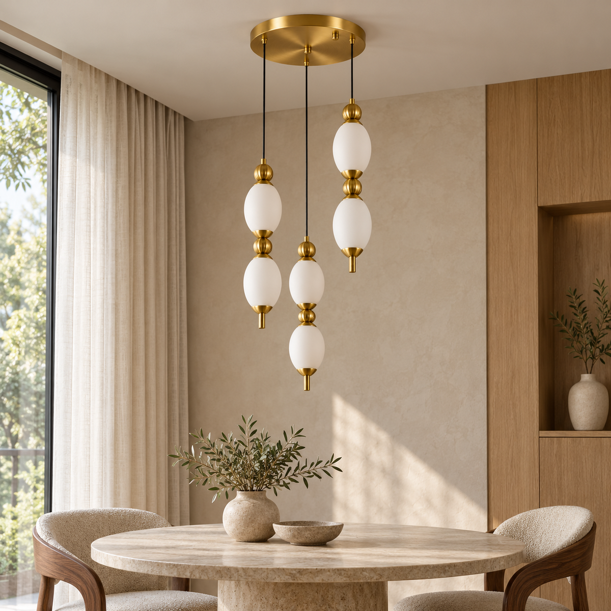 Ovelle Three-Drop Acrylic Chandelier, daylight interior, light off
